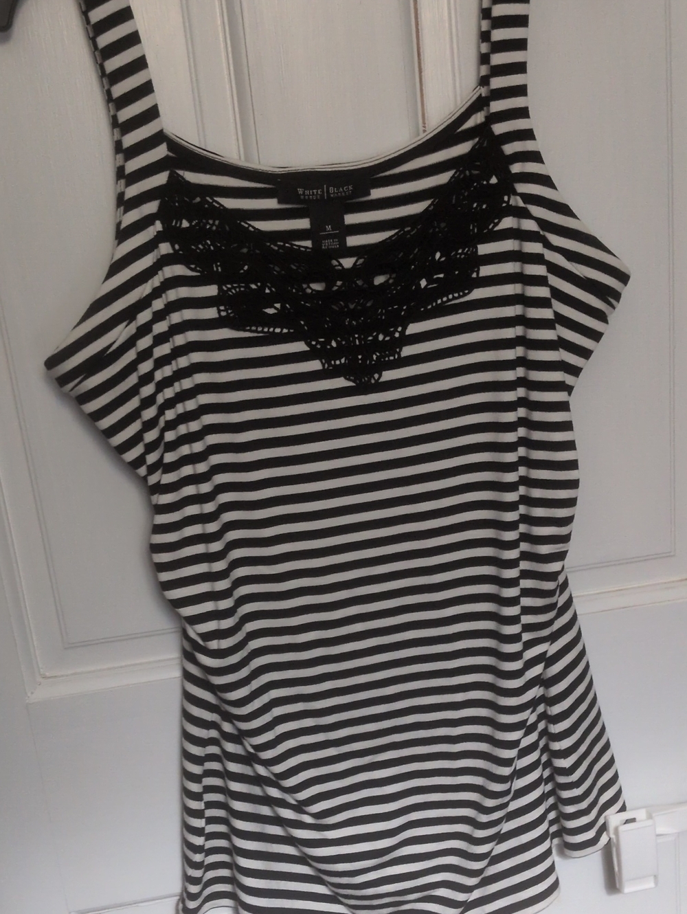 White House Black Market Black & White Striped Tank with Crochet Yoke
